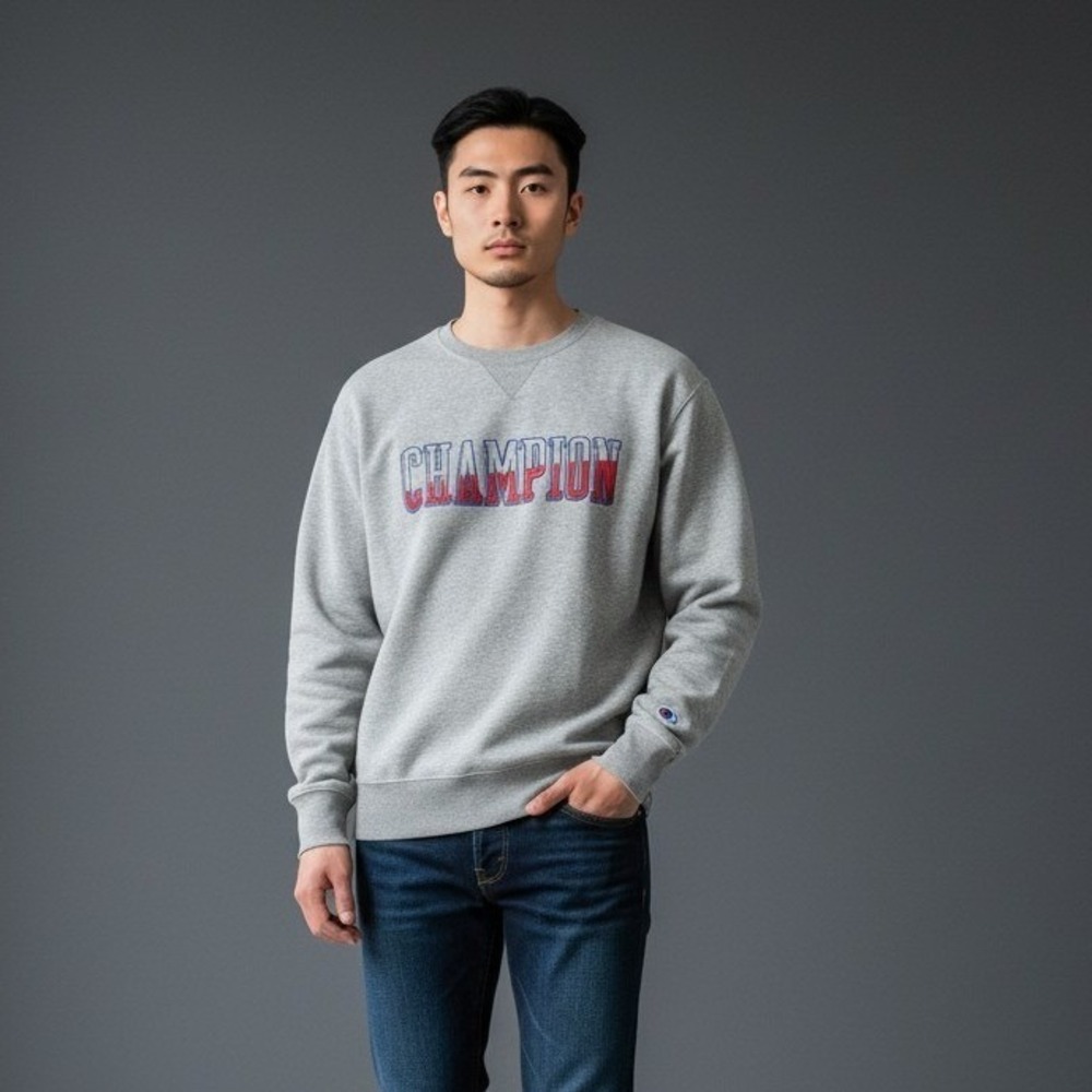 Champion Mens Sweatshirt XL Heather Gray‎ Raglan Logo Crewneck Fleece AWG66G